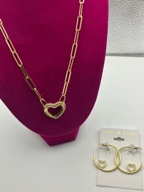Gold Heart Pendant Necklace with Matching Hoop Earrings -